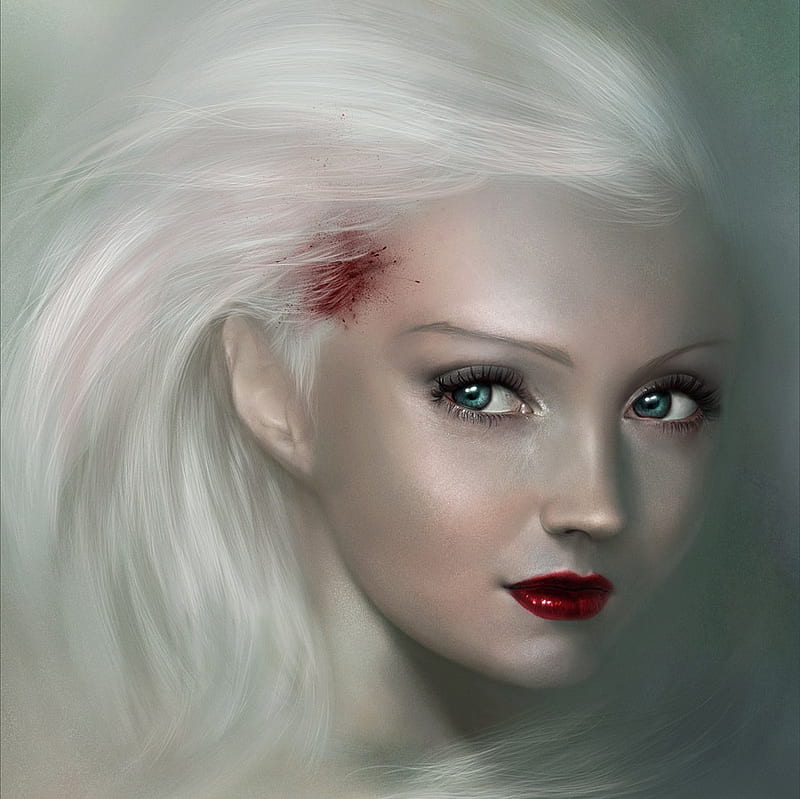 Porcelain Red, red, pretty, cg, eye, blonde, lips, blood, fantasy, girl, beauty, face, HD wallpaper