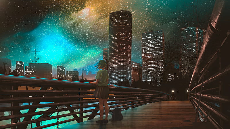 Anime, Girl, City, Night, HD wallpaper