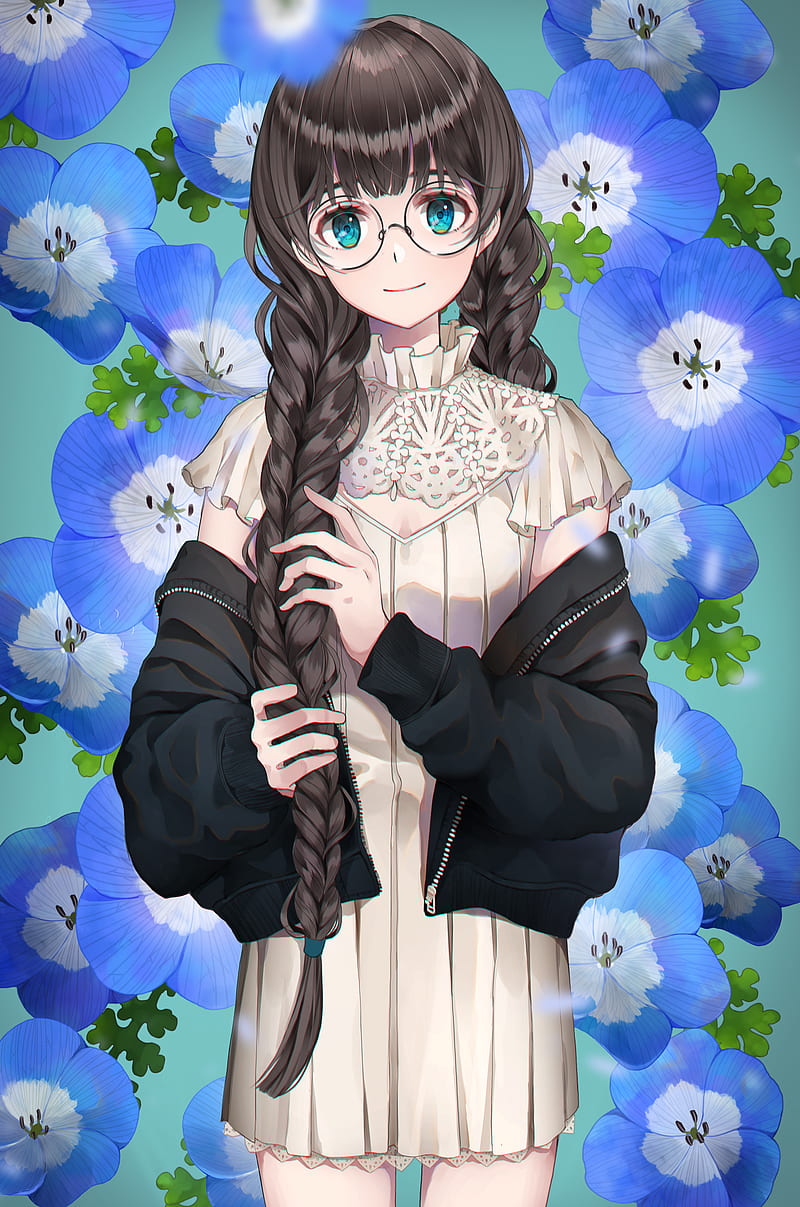 anime, anime girls, glasses, flowers, blue eyes, dark hair, long hair, HD phone wallpaper