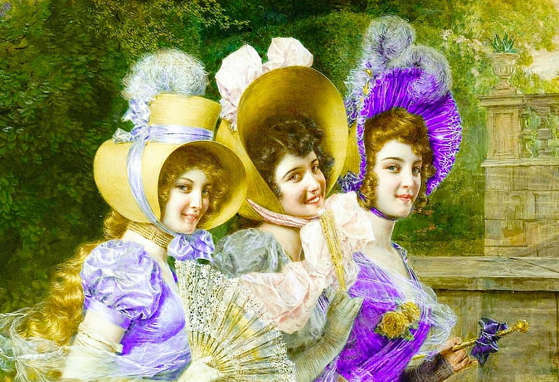 Three Victorian Ladies, art, hats, costume, victorian, bonito, ribbons, woman, women, fantasy, girl, serene, digital, girls, feathers, HD wallpaper