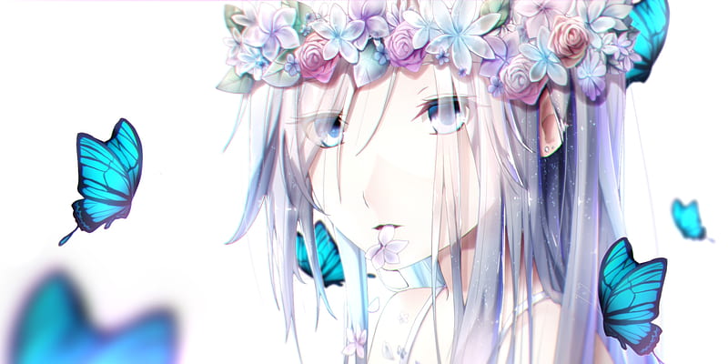 beautiful anime girl, white hair, butterflies, portrait, polychromatic, Anime, HD wallpaper