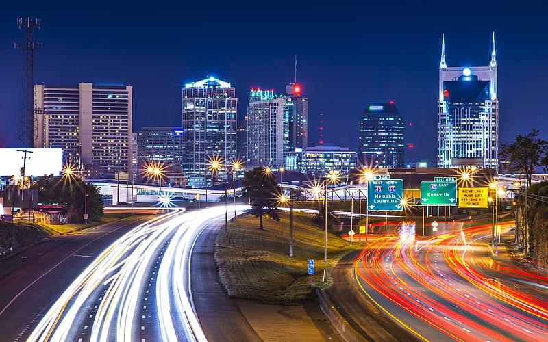 Nashville, nightscapes, modern buildings, american cities, Tennessee, traffic lights, cityscapes, America, USA, City of Nashville, R, Cities of Tennessee, HD wallpaper