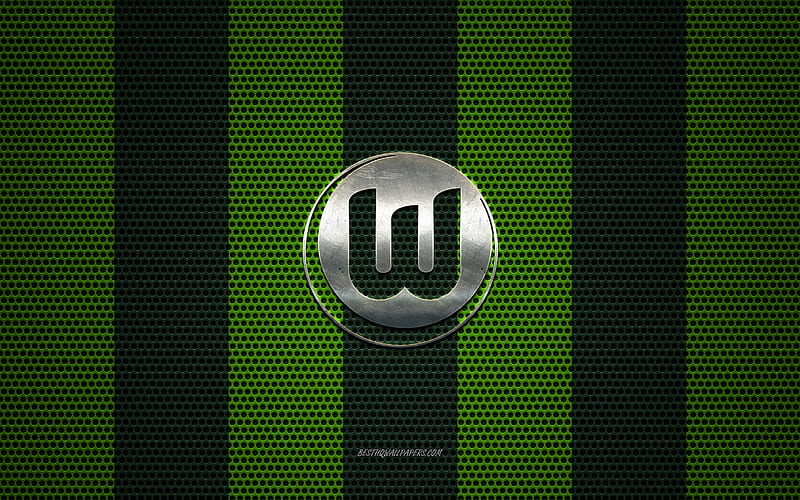 VfL Wolfsburg logo, German football club, metal emblem, green metal mesh background, VfL Wolfsburg, Bundesliga, Wolfsburg, Germany, football, HD wallpaper
