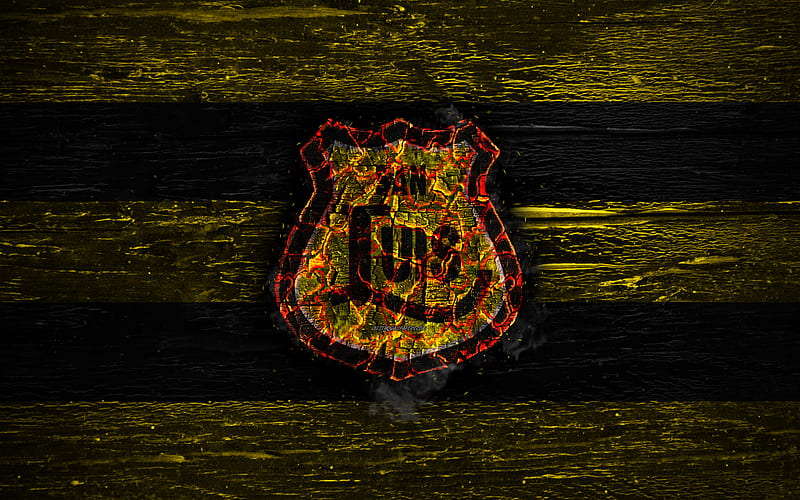 San Luis FC, fire logo, Chile Primera Division, yellow and black lines, Chilean football club, grunge, football, soccer, San Luis logo, wooden texture, Chile, HD wallpaper