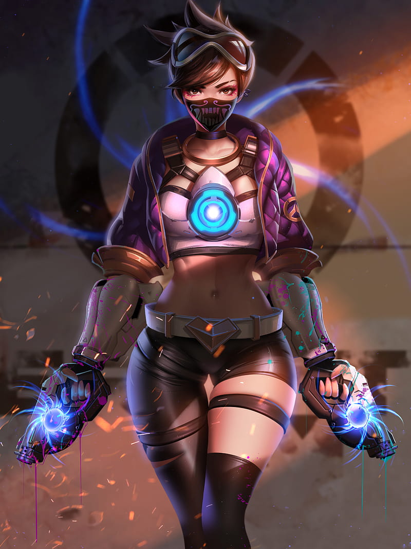 Tracer (Overwatch), Overwatch, K/DA, crossover, video games, fan art, fantasy girl, brunette, short hair, goggles, oni mask, brown eyes, looking at viewer, armor, jacket, belly, the gap, thigh-highs, weapon, gun, sparks, portrait display, freckles, video game characters, video game girls, artwork, drawing, digital art, Liang Xing, Liang-Xing, vertical, people, frontal view, missing sock, HD phone wallpaper