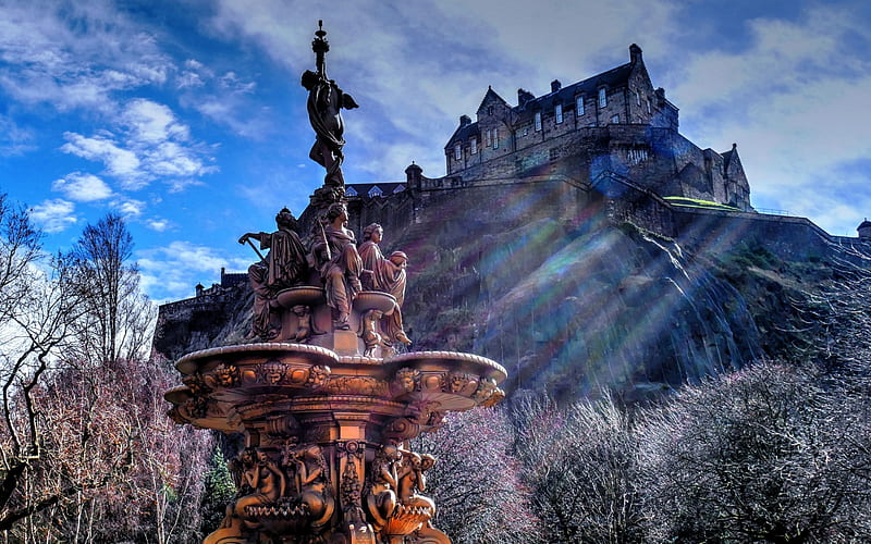 Edinburgh Castle, old castle, old fountain, sculptures, Edinburgh, Scotland, HD wallpaper
