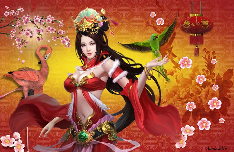Asian Beauty, red, lantern, Fantasy girl, bonito, parrot, Flamingo, oriental, asian, gorgeous, HD wallpaper