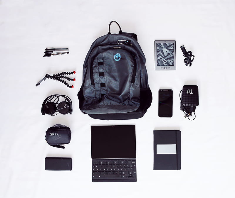 flat lay graphy of backpack, laptop computer, headphones, smartphone, and octopus tripod, HD wallpaper