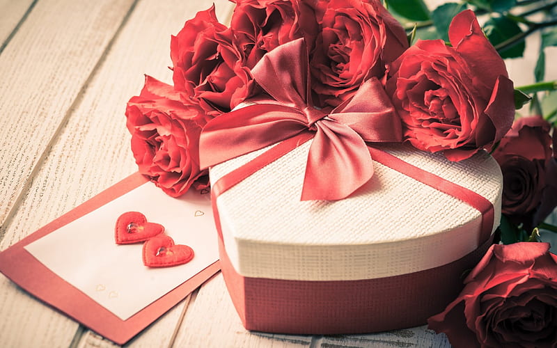Happy Valentine' s Day!, red, rose, box, bow, valentine, gift, heart, flower, pink, HD wallpaper