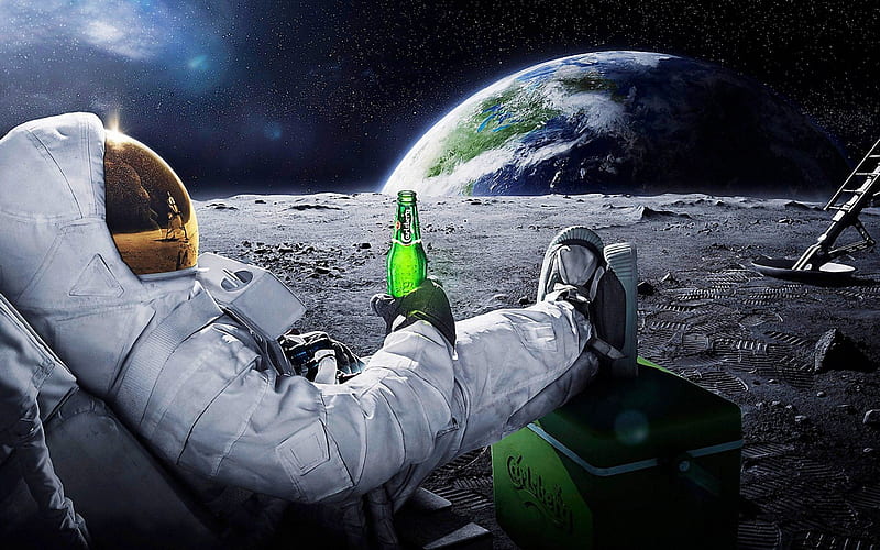 relaxing on the moon, pretty, wonderful, stunning, marvellous, bottle, space, adorable, nice, outstanding drink, beer, super, astronaut, man, chill out, galaxy, planet, awesome, great, beautiful moon, people, stars, space capsule, amazing, fantastic, spaceship, terra, universe, skyphoenixx1, earth, HD wallpaper