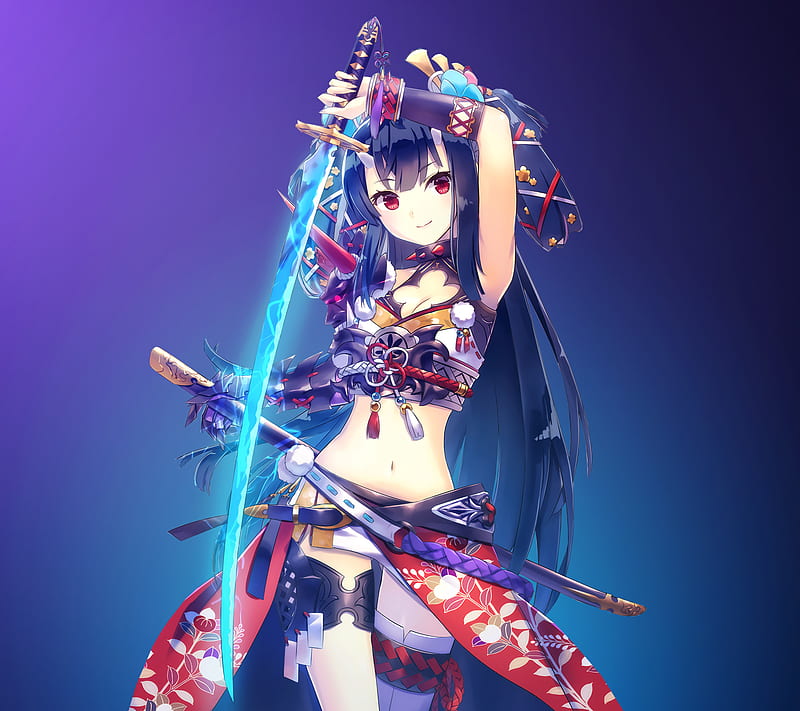 Warrior Girl, anime, blue, girl, katana, warrior, with, HD wallpaper