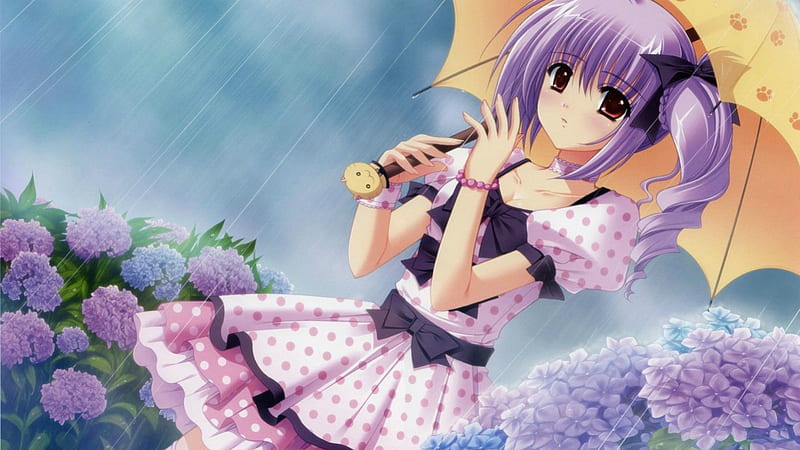 Adorable Purple Girl, hair, dress, purple, girl, umbrella, adorable, storm, HD wallpaper
