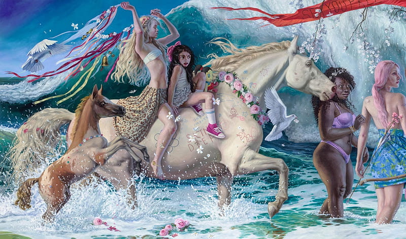 After the End of Time, sea, art, jana brike, horse, vara, water, fantasy, girl, summer, painting, white, pictura, HD wallpaper