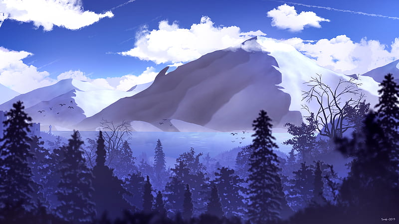 mountains, lake, trees, landscape, art, HD wallpaper