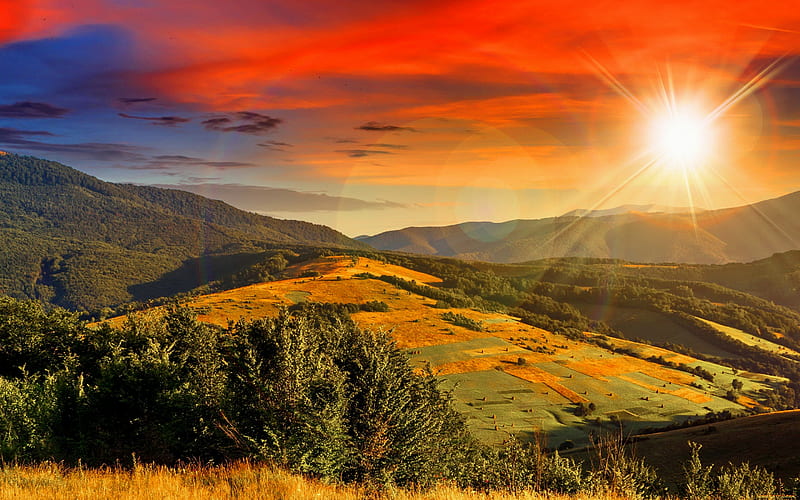 Dazzling autumn sun, hills, fall, autumn, glow, sun, view, dazzling, bonito, sunset, sky, mountain, rays, sunrise, landscape, HD wallpaper