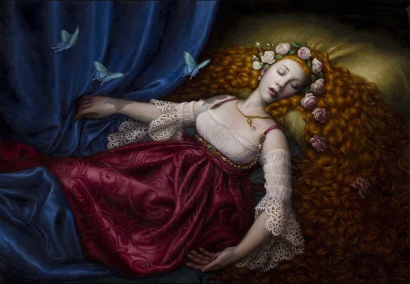 Sleeping beauty, red, art, fantasy, girl, fantays, chie yoshii, blue, frumusete, HD wallpaper