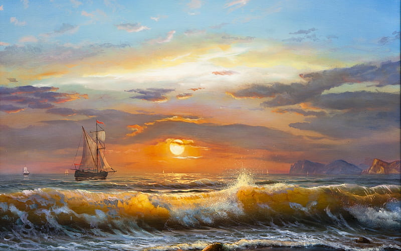 Sunset, art, yellow, sea, wave, boat, water, painting, summer, HD wallpaper