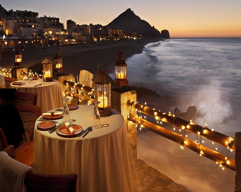 Dining Tables, beach, dinner, mountain, town, wave, HD wallpaper