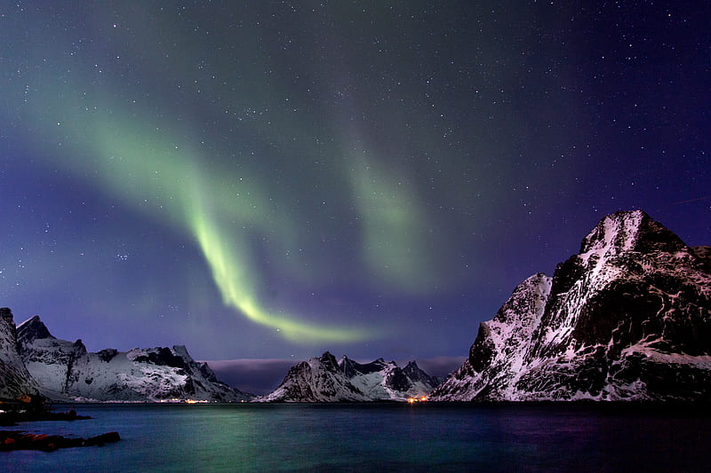 northern lights, mountains, water, night, north, HD wallpaper