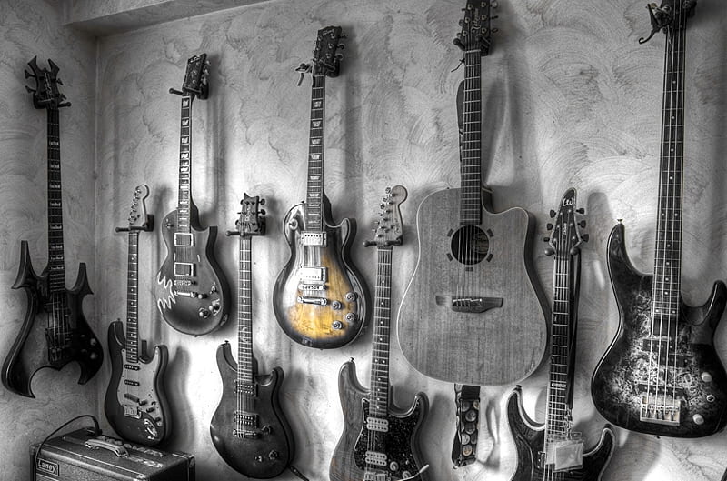 Guitar Wall, guitar, bass, music, black and white, electric, acoustic, HD wallpaper