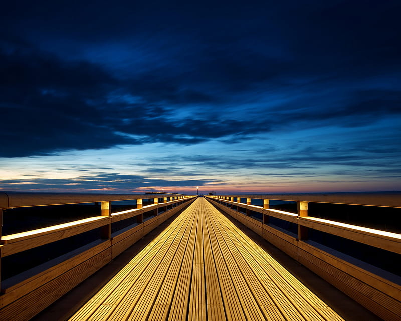 Deck, bridge, evening, seascape, skyscape, HD wallpaper