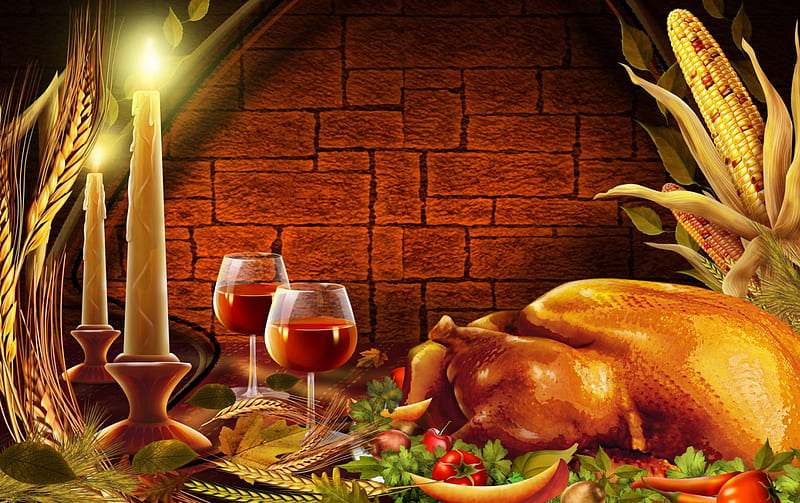 Delicious Dinner, brick wall, dinner, turkey, wine, candlelight, salad, corn cobs, HD wallpaper