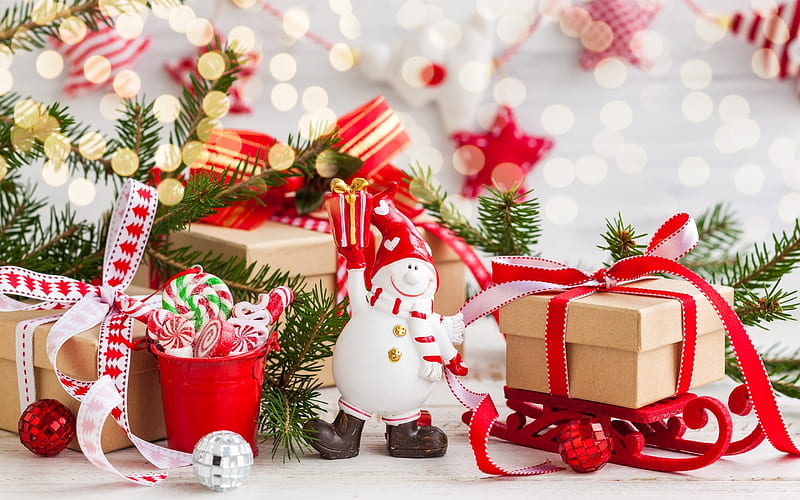 Merry Christmas!, sleigh, red, deco, craciun, christmas, gift, snowman, green, stuff, white, HD wallpaper