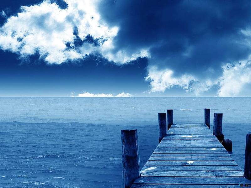 Wharf, water, clouds, blue, HD wallpaper