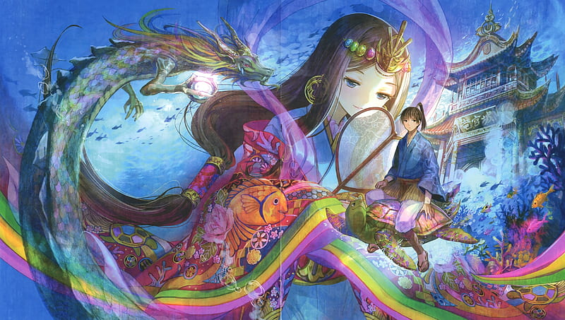 girl, evantai, anime, manga, rainbow, dragon, hand fan, HD wallpaper |  Peakpx