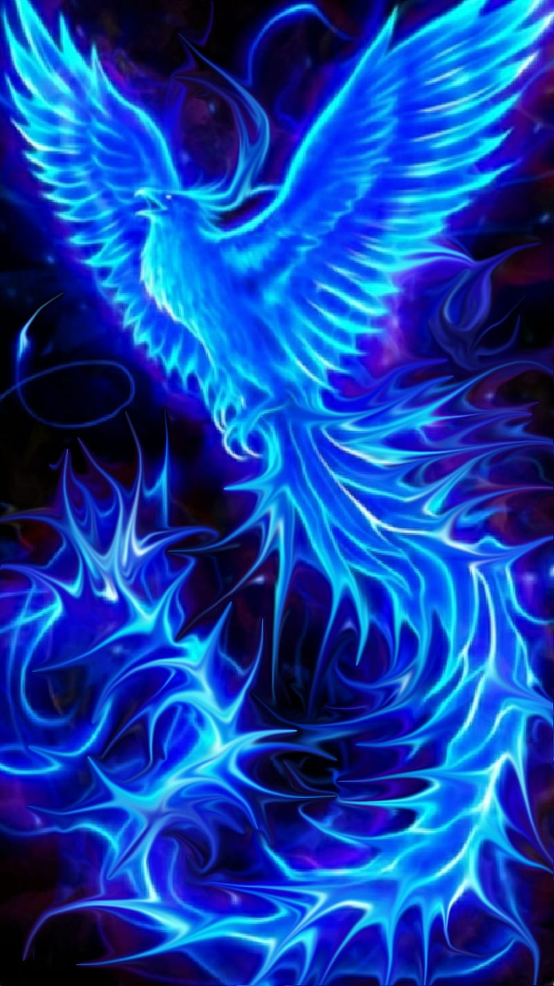 Phoenix, bird, blue, bright, flames, flight, neon, rising, HD phone wallpaper