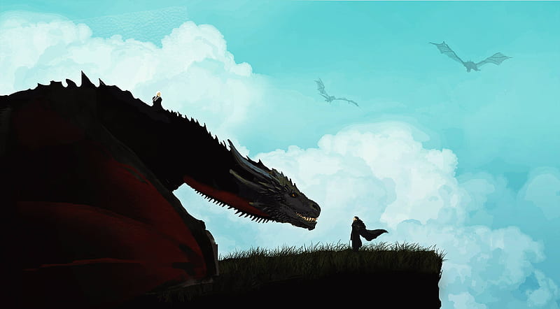 Jon Snow And Khalessi Dragon Artwork, game-of-thrones-season-7, game-of-thrones, jon-snow, daenerys-targaryen, dragon, artwork, artist, digital-art, HD wallpaper