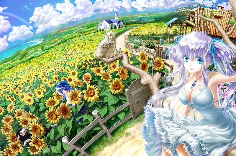 What a beautiful day, dress, house, anime girls, clouds, sea, lights, animal, sunflowers, anime, flowers, long hair, blue eyes, owl, sky, sexy, roses, trees, pigtail, sheep, blue hair, landscape, HD wallpaper