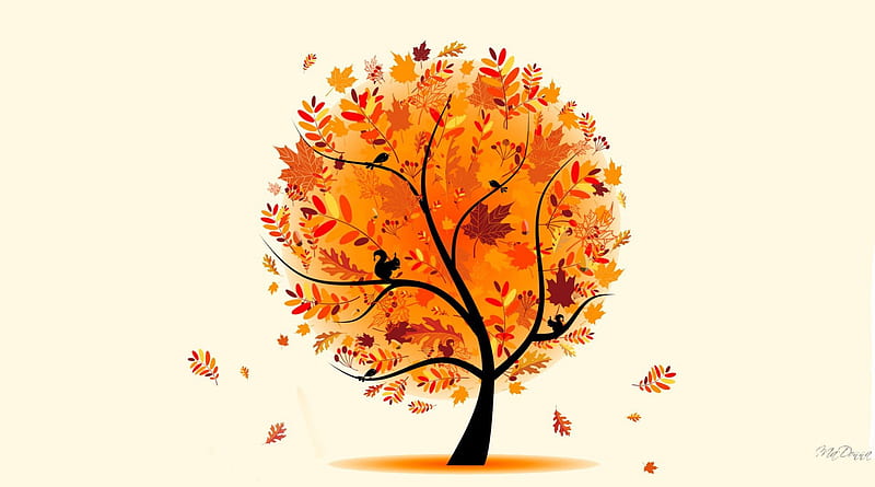 Tree of Falling Leaves, fall, autumn, squirrel, orange, wind, birds ...