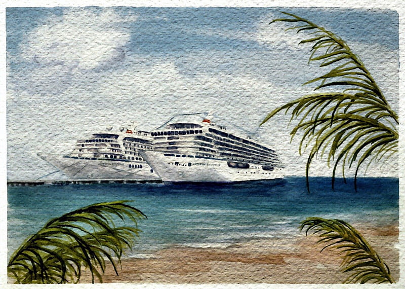 Crystal Cruise Ship 2, cruise ship, art, ocean, travel, sailing, artwork, sea, painting, wide screen, Crystal, seascape, scenery, HD wallpaper