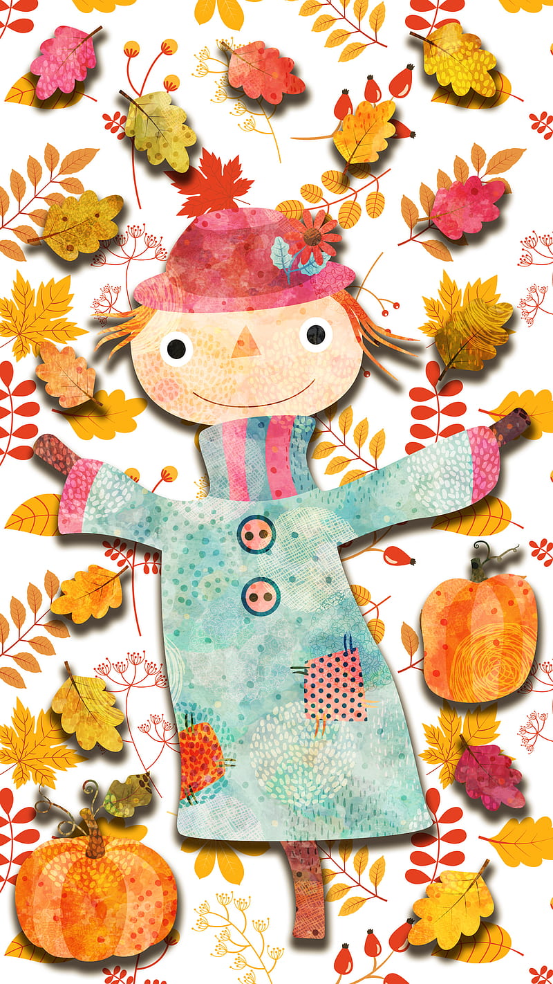 Cute Autumn Scarecrow, Koteto, November, October, September, Thanksgiving, background, character, colorful, colors, drawing, fall, falling, foliage, forest, garden, graphic, happy, harvest, illustration, leaf, leaves, nature, oak, orange, pumpkin, red, season, seasonal, yellow, HD phone wallpaper