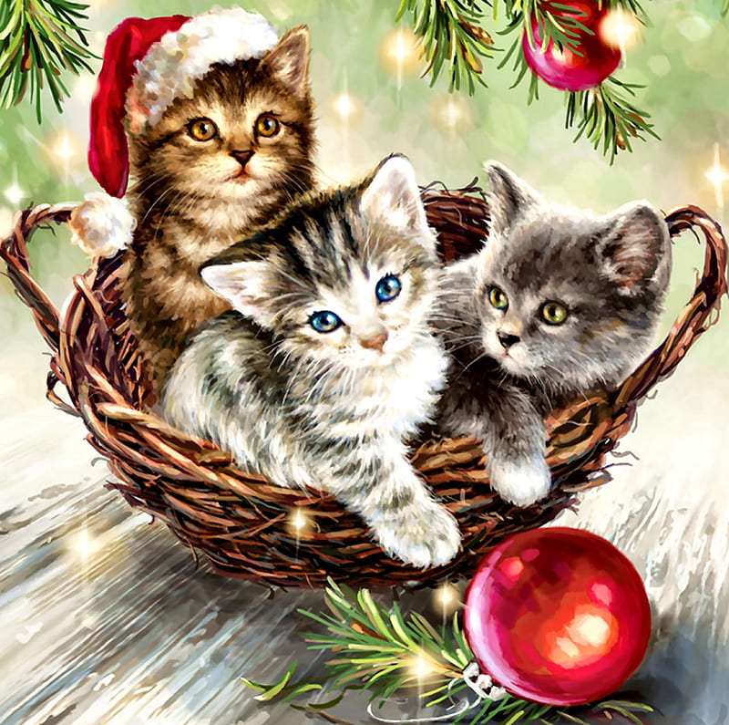 Christmas Kittens F, ornaments, Christmas, December, bonito, illustration, artwork, painting, wide screen, scenery, art, holiday, kittens, winter, feline, basket, occasion, cats, HD wallpaper