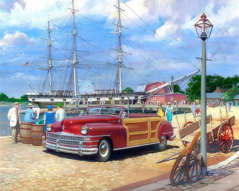 Chrysler - 1947, draw and paint, Chrysler 1947, seaport, love four seasons, brands, attractions in dreams, sea, carros, people, summer, retro car, HD wallpaper