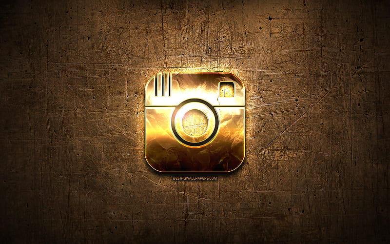 Instagram golden logo, social network, artwork, brown metal background, creative, Instagram logo, brands, Instagram, HD wallpaper
