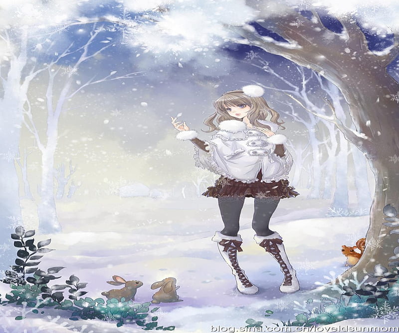 Snowy Day, forest, pretty, girl, snow, orginal, winter, HD wallpaper