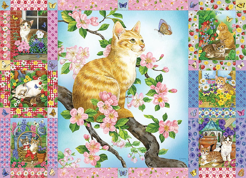 Kittens and blossoms, art, flower, kilt, collage, spring, kitten, cat, pisici, HD wallpaper