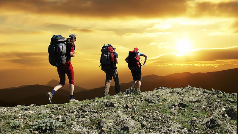 mountain sports, mountain, sunset, hikers, backpacks, HD wallpaper