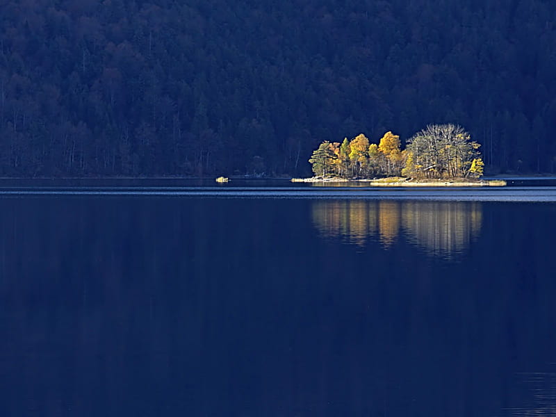 A Small Island in the Lake Blue, isolated, orange, yellow, nice, scenario, forests, waterscape, paisage, rivers, art, islands, paysage, sky, trees, lagoons, water, cool, awesome, hop, magnific, red, autumn, bonito, seasons, small, europe, graphy, leaves, green, mirror, scenery, blue, gorgeous, amazing, lakes, fantastic, colors, fabulous, mind teasers, paisagem, nature, reflected, reflections, scene, HD wallpaper