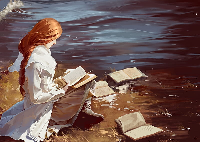Girl reading a book, art, fantasy, water, luminos, girl, redhead, ana bi, book, HD wallpaper