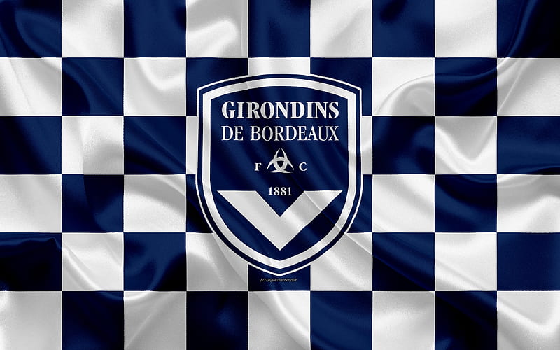 FC Girondins Bordeaux logo, creative art, blue white checkered flag, French football club, Ligue 1, emblem, silk texture, Bordeaux, France, football, HD wallpaper
