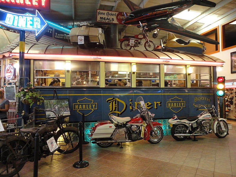 Harley Diner, retro, motorbikes, davidson, american, diner, harley, vintage, HD wallpaper