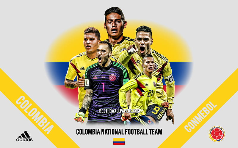 Colombia national football team, team leaders, CONMEBOL, Colombia, South America, football, logo, emblem, James Rodriguez, Radamel Falcao, David Ospina, HD wallpaper
