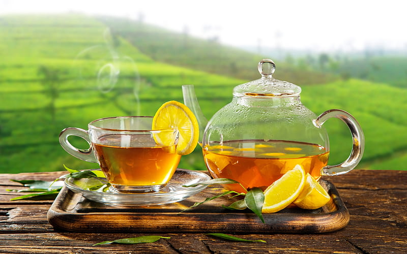 Tea with Lemon, table, teapot, cup, tea, lemon, HD wallpaper