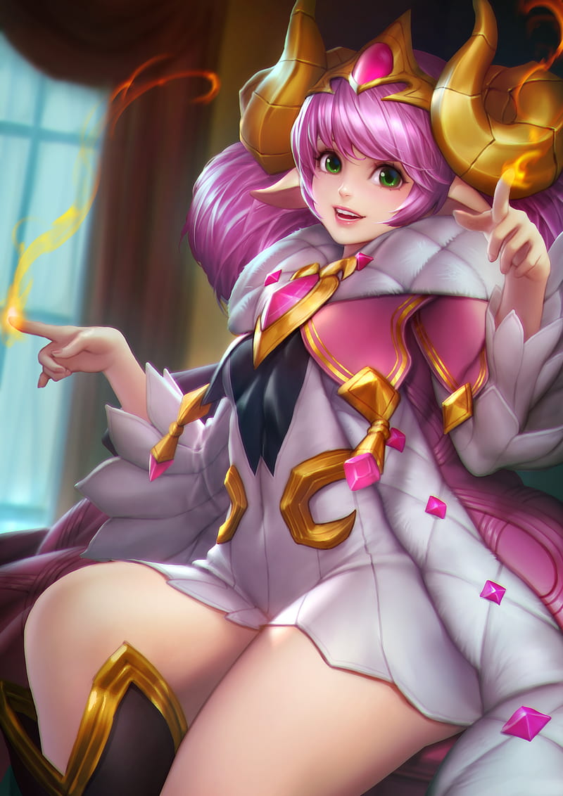 Arena of Valor, Alice, video games, video game characters, video game girls, women, fantasy girl, horns, pink hair, fire, dress, jewelry, sitting, thick thigh, coats, green eyes, looking at viewer, smiling, depth of field, portrait display, vertical, artwork, drawing, digital art, illustration, 2D, fan art, NeoArtCorE (artist), anime girls, anime, HD phone wallpaper