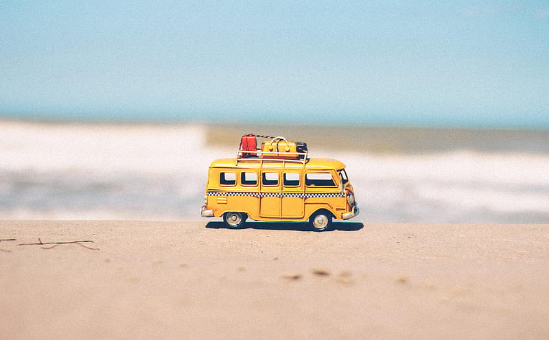 Hippie VW Bus Toy Ultra, Vintage, Ocean, Travel, beach, Summer, Yellow, Volkswagen, Adventure, Vacation, seashore, luggage, recreation, campervan, leisure, camper, HD wallpaper