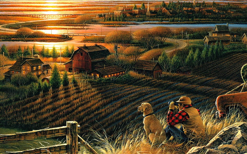 Binoculars, binocular, fence, sun, houses, sunset, barn, farm, city, farmer, painting, fields, truck, Autumn, landscape, dog, HD wallpaper